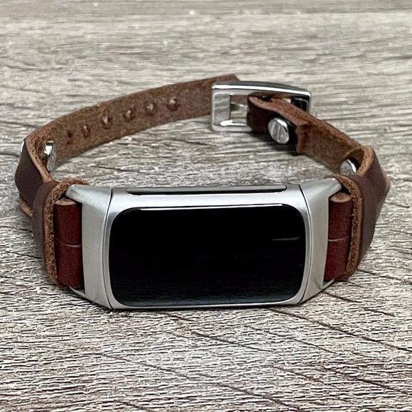 Slim Dark Brown Leather Strap Silver Fitbit Charge 5 Band Women Fashion Bracelet - Picture 5 of 8